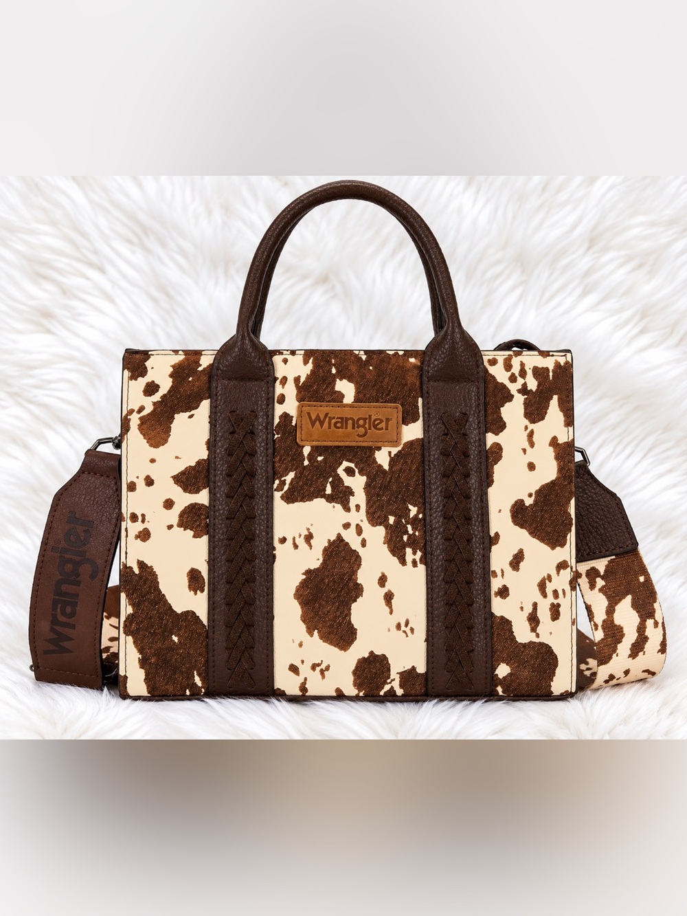Wrangler Cow Print Western Satchel Tote Bag with Crossbody Strap – Brown/Cream